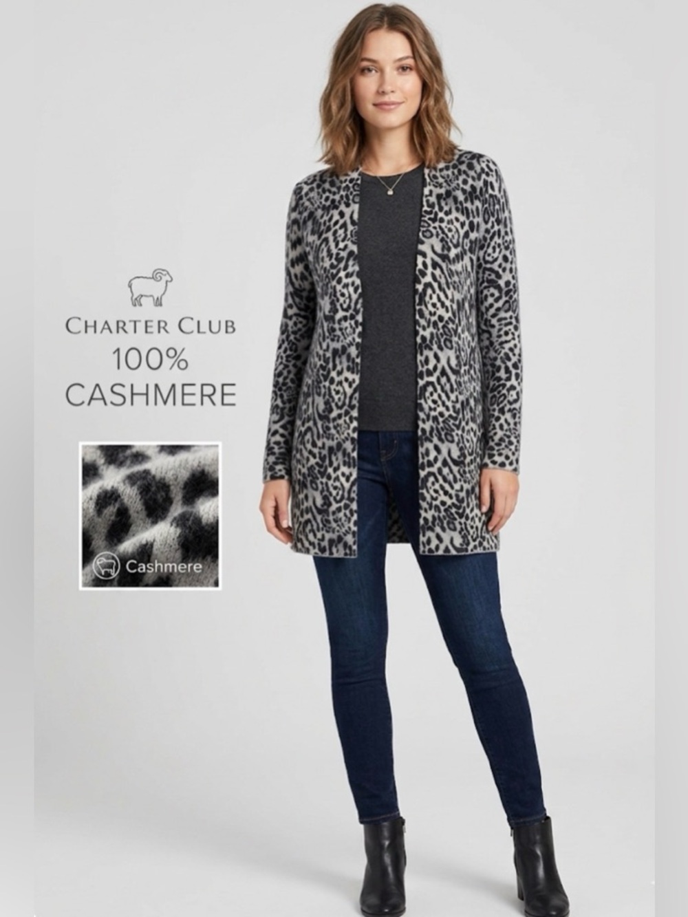 Cashmere by Charter Club 100% Cashmere Leopard Print Open Front Cardigan Small